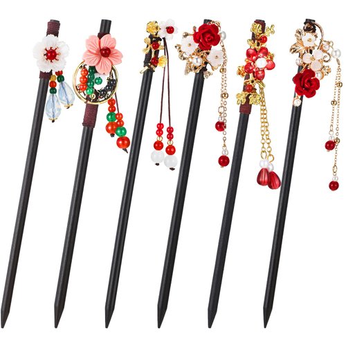 WILLBOND 6 Pcs Chinese Hair Chopsticks for Women Wooden Hair Accessories Japanese Floral Hair Sticks Retro Tassel Flower Vintage Hairpins Handmade Hair Pins for Girls Long Curly Hair(Elegant Pattern)