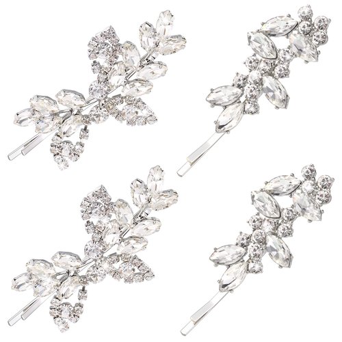 4 Pieces Rhinestone Bridal Hair Clip Leaf Wedding Hairpin Bride Pearl Crystal Hair Clips Rhinestone Barrette Elegant Bridal Hairpins Hair Accessories for Women Girls(Silver,Delicate Rhinestone Style)