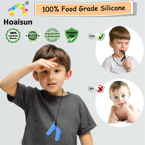 Chew Necklaces for Sensory Kids, Silicone Feather Sensory Chew Necklaces for Boys and Girls with Autism, ADHD, SPD, Chewing, Biting, Oral Adult Chew Toys Teething Necklace for Mild Chewers 5 Pack