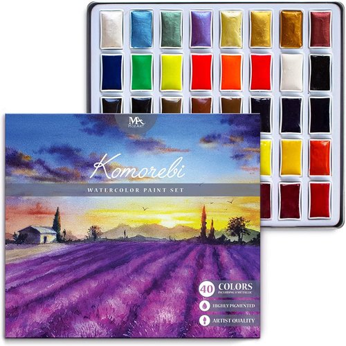Mozart Premium Japanese Watercolor Paint Set – 40 Rich Water Color –Include Pans, Metallic & Neon Water Colors – Artist Quality– Watercolor Paint Perfect Watercolor Set for Adults, Kids Students