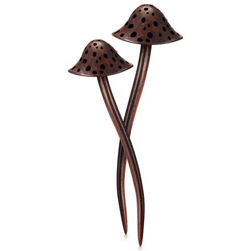 Taiyin 2 Pcs Mushroom Hair Accessories: Long Chinese Chopsticks for Women and Girls with Cute Print (Brown)