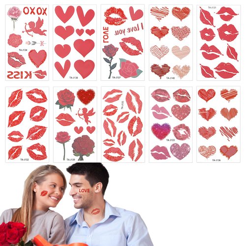 10 Sheets 84pcs Valentine's Day Tattoo Stickers, Red Lips Heart Rose Cupid Valentine's Day Theme Temporary Tattoo Stickers Perfect Valentine's Day Decoration for Adults