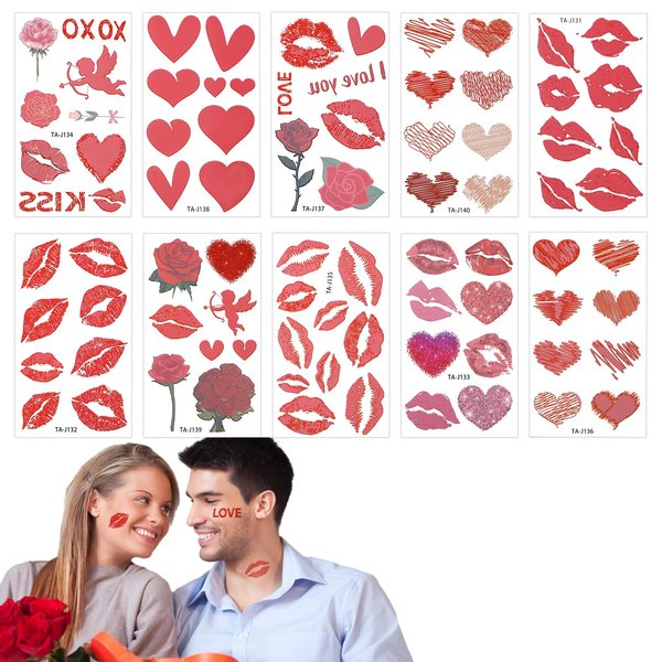 10 Sheets 84pcs Valentine's Day Tattoo Stickers, Red Lips Heart Rose Cupid Valentine's Day Theme Temporary Tattoo Stickers Perfect Valentine's Day Decoration for Adults