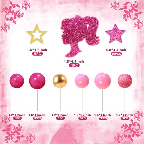 36 PCS Hot Pink Girl Cake Topper Balls Cake Decorations with Pink and Gold Balls Shiny Stars for Wedding Baby Shower Anniversary Girl Birthday Themed Party Supplies (Stars)