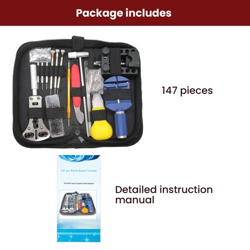 Watch Repair Kit (147 Pieces) - Professional Watch Service Set with Carry Case & User Manual - Battery, Band, Strap, Link Pin, Spring Bar, Back Remover & Replacement - Watch Fixing & Adjustment Tools