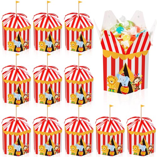 Fainne 12 Pcs Carnival Treat Boxes Circus Theme Party Decorations Circus Cupcake Paper Boxes Red White Stripes Candy Carnival Paper Favor Boxes Carnival Goody Gift for Christmas Birthday Celebration