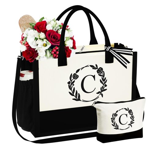 YOOLIFE Mom Birthday Gifts for Women, Personalized Gifts for Her Grandma Mom Christmas Gifts Teacher Gifts Beach Tote Bag for Women Bridal Shower Gifts Best Friend Birthday Gifts for Women Letter C