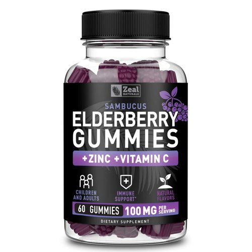Zeal Naturals Sambucus Elderberry Gummies + Zinc + Vitamin C - Daily Supplement for Children & Adults - Easy to Chew Vitamin Gummies - 100 mg Max Serving of Elderberry - 60 Count