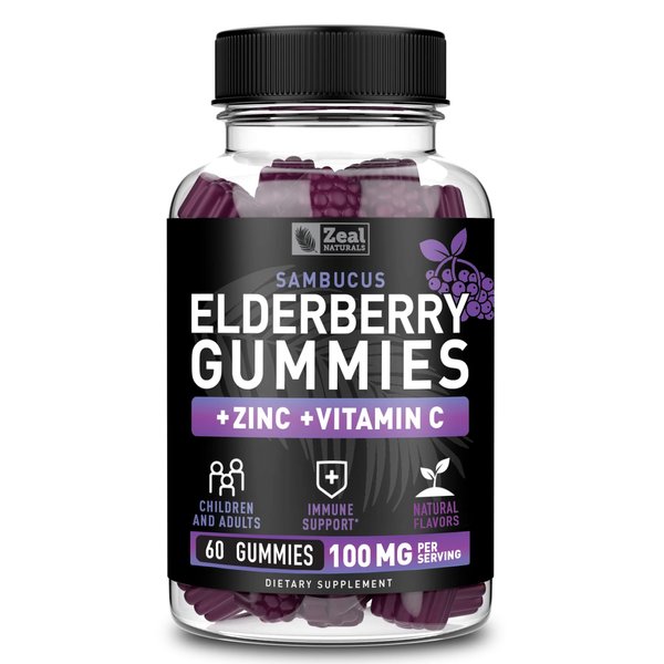 Zeal Naturals Sambucus Elderberry Gummies + Zinc + Vitamin C - Daily Supplement for Children & Adults - Easy to Chew Vitamin Gummies - 100 mg Max Serving of Elderberry - 60 Count
