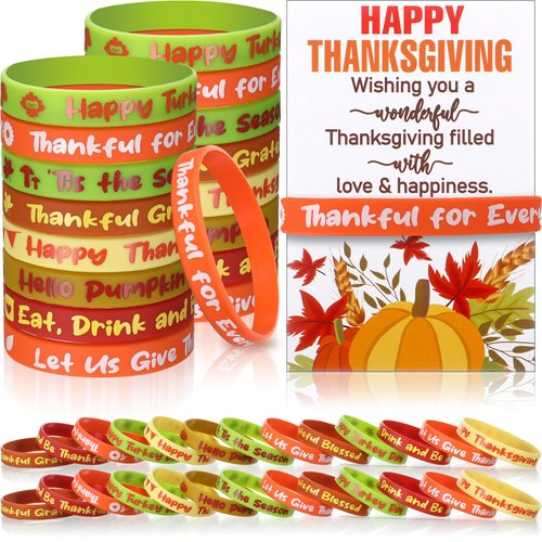 Cunno 24 Sets Thanksgiving Party Favors Silicone Bracelets Bulk with Gift Greeting Cards Fall Leaves Pumpkin Rubber Wristbands for Turkey Day Autumn Harvest Office Party Decorations
