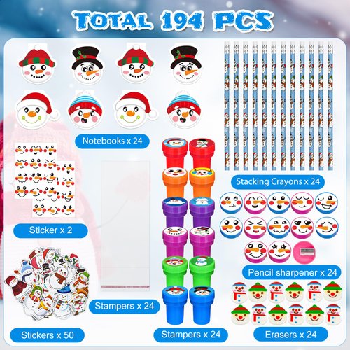 Cinrobiye 194 Pcs Christmas School Stationery Set Xmas Classrooms Exchange Stationery Party Favors Class Reward Prizes Notebooks Pencils Sharpener Erasers Stickers Stamps for Party Supplies (Snowman)
