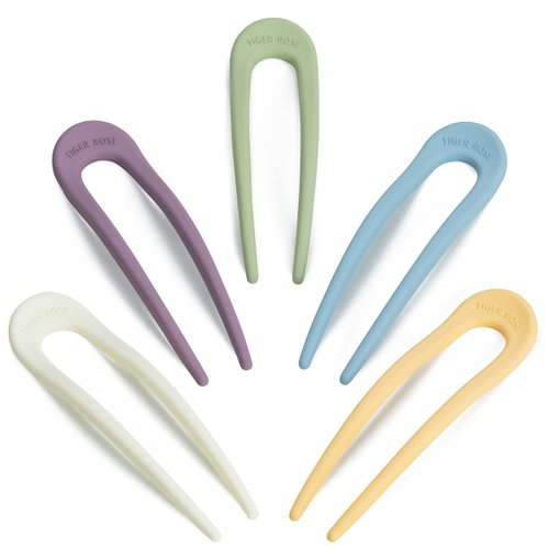 Tiger Rose French Style Hair Pins - U Shaped, Oversized Strong Material - 2 Pronged Hair Forks - Fits All Hair Types - 5 Attractive Pastel Colors