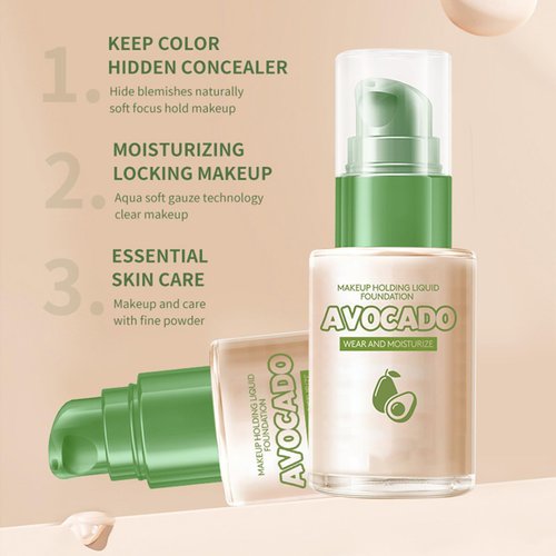 Avocado Liquid Foundation, 2 Pack Avocado Oil Control Foundation Moisturizing Liquid Face Foundation Concealer Pore Isolating Cream Primer Long Lasting Coverage Foundation Skin Tone Cream (Ivory)