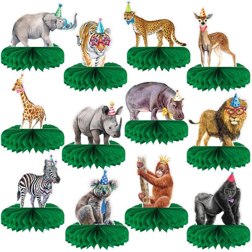 Yeaqee 12 Pcs Jungle Animals Honeycomb Centerpieces Safari Jungle Themed Birthday Party Supplies ...