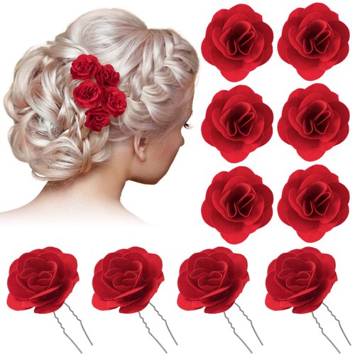 PAGOW 10pcs Rose Hair Clips, Pin Up Rose Flowers Hairpin Clips, Rose Flower Brooch Headpieces, For Women Girl Wedding Valentine Decoration (Rose Diameter 1.5 inch / 38mm)