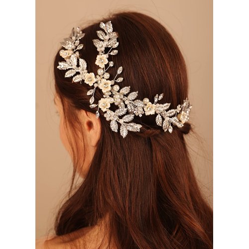 BERYUAN Bridal White Flower Gold Leaves Pearls Crystal Rhinestone Hair Comb Teardrop Crystal Rhinestone Hair piece Sliding Side Headpieces Wedding Hair Accessories for Women and Girls (gold)