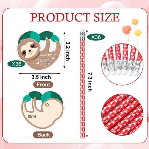 Dunzoom 36 Sets Sloth Valentine's Day Exchange Gifts for Kids Valentine's Day Pencils Hugger with Sloth Valentine's Day Cards Heart Pencils with Erasers for School Prize Classroom Gifts Party Favors