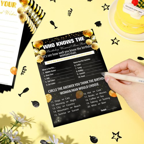 RUMIA 50 Pcs Who Knows The Birthday Women/Man Best Game Cards Black Gold Birthday Party Activity Game Cards Double Sided Birthday Cards for Notebook Themed Party Games Supplies