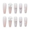 Valentines White Long Press On Nails French Pearl 3D Peach Heart Bowknot Coffin Fake Nails 24 Pcs