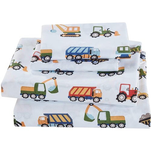 Linen Plus Sheet Set for Kids Construction Tractors Excavators Loaders Dump Trucks Compactors White Blue Red Green Yellow Grey Flat Fitted and Pillow cases Queen Size New