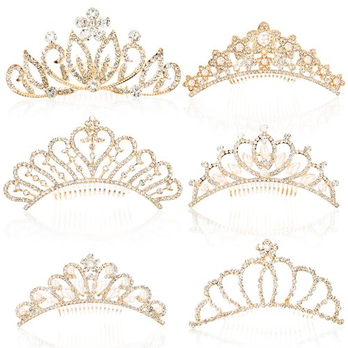 Lyellfe 6 Pack Princess Tiara Crown, Crystal Rhinestone Headbands with Comb, Gold Tiaras and Crowns Hair Accessories for Birthday Party, Proms, Gifts