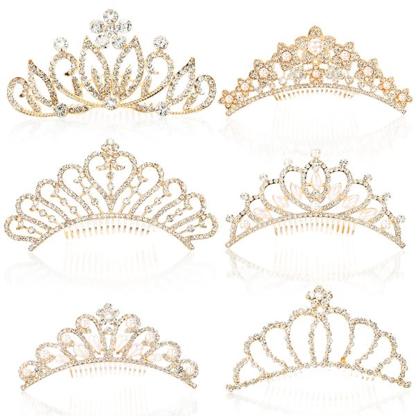 Lyellfe 6 Pack Princess Tiara Crown, Crystal Rhinestone Headbands with Comb, Gold Tiaras and Crowns Hair Accessories for Birthday Party, Proms, Gifts