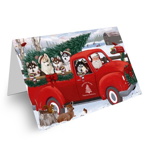 Christmas Santa Express Delivery Red Truck Siberian Huskies Dog Greeting Cards - Adorable Pets Invitation Cards with Envelopes - Pet Artwork Christmas Greeting Cards GCD69044 (1 Greeting Card)