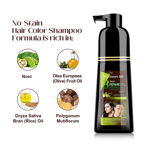 No-Stain Hair Dye Shampoo for Men & Women, No-Stain on Skin & Scalp, Natural Ingredients, Ammonia & Parabens-Free, Up to 100% Gray Coverage, Easy No-Mix Application, 200 mL, Pack of 1 (Dark Brown)
