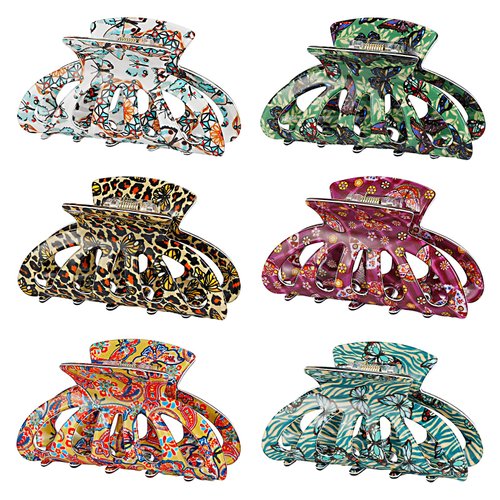 Cobahom 6 Pcs Hollow Medium Claw Clips for Hair Styling, 3.35 Inch Printed Hair Clips for Thin Ha...