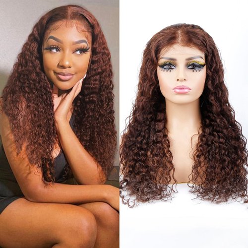 Odir Water Wave 5x5 Lace Closure Glueless Wigs Human Hair 26 Inch Reddish Brown 180% Density Brazilian Hair Wet and Wavy HD Lace Closure Wigs Curly Lace Front Wigs Pre Plucked with Baby Hair