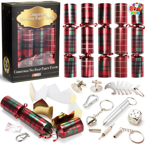 JOYIN 8 Pack Christmas Non-Snap Party Favor, Red Check Plaid Party Table Favor Includes Party Hat, Jokes & Gifts, Xmas Gifts Prizes for Christmas Holiday Dinner Traditions Party Supplies
