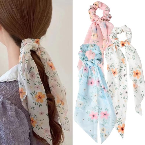 Hair Scarf Scrunchies with Ribbon Tails for Women Girls Flower Printing Hair Scrunchy Scarf Hair ...