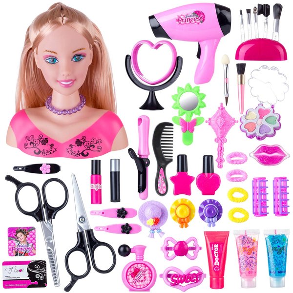 KonHaovF Kids Doll Head for Hair Styling and Make Up for Little Girls,Head Styling Doll with Hair Makeup Practice, Hair Styling Doll Makeup Toys for Kids with Hair Dryer, Accessories (Pink)