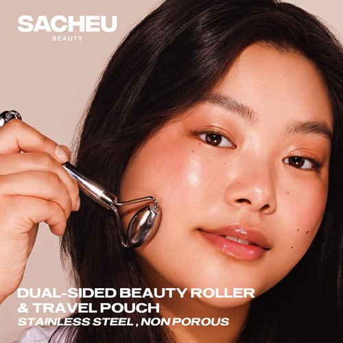 Sacheu Stainless Steel Face Roller - Face and Eye Roller, Metal Face Roller to Help Reduce Puffiness, Cooling Dual Sided Stainless Steel Facial Roller Massager with Travel Pouch