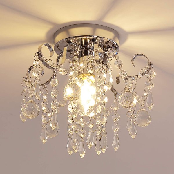 Q&S Small Crystal Chandelier Flush Mount Ceiling Light Fixtures Modern Mini Chandelier Light Fixture for Hallway Entryway Bedroom Bathroom Kitchen,Chrome Metal,Clear K9 Crytal