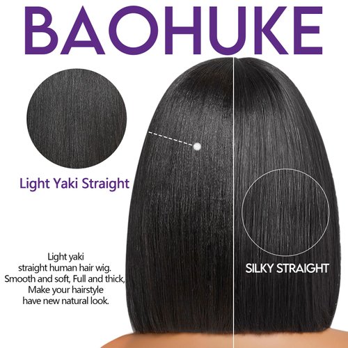 BAOHUKE 10 Inch Light Yaki Straight Bob Wig With Bangs Human Hair Glueless HD Lace Short Bob Wigs Human Hair Ready to Go Short Black Wigs For Women180% Density