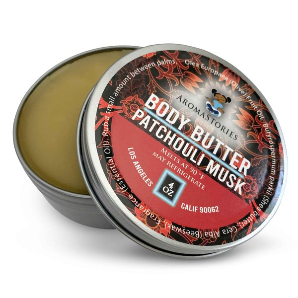 Aromastories Patchouli Musk 4oz Mature and Sensual Body Butter Luxurious Traditional and Rich, Essential Oils and Highly Fragrant, Skin Salve and Moisturizer, Shea Olive Oil Beeswax