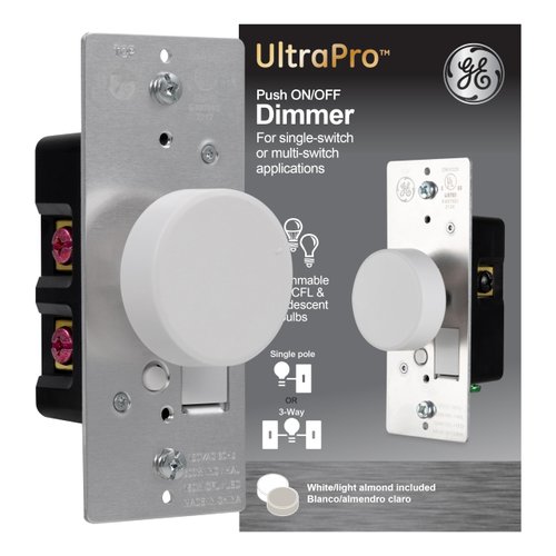 General Electric Almond, GE, 3-Way Dimmer Switch, Push On/Off, Rotating, Use with Dimmable LED and CFL and Incandescent Bulbs, Includes Two Knob Colors, UL Listed, White/Light, 18020, 1 Pack
