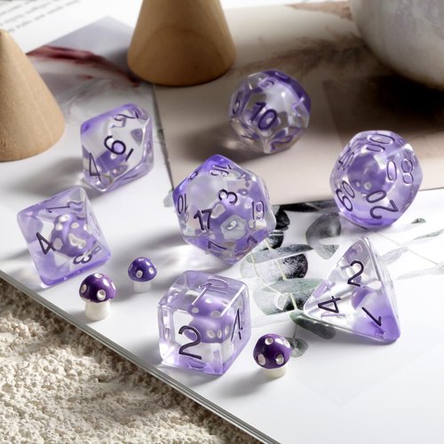Mushroom Resin Dice Set D&D, DNDND 7PCS D&D Dice Set with Gift Velvet Bag for Dungeons and Dragons Role Playing Games and Tabletop Games（Purple Mushroom