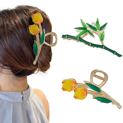 Yonchic 2-Piece Multiple Shapes Metal Hair Clips, Bamboo Hair Claws for Thin/Medium Thick Hair, Elegant Tulip Barrettes Strong Hold Hair Clamps Non Slip Cute Hair Catch Clip Accessories