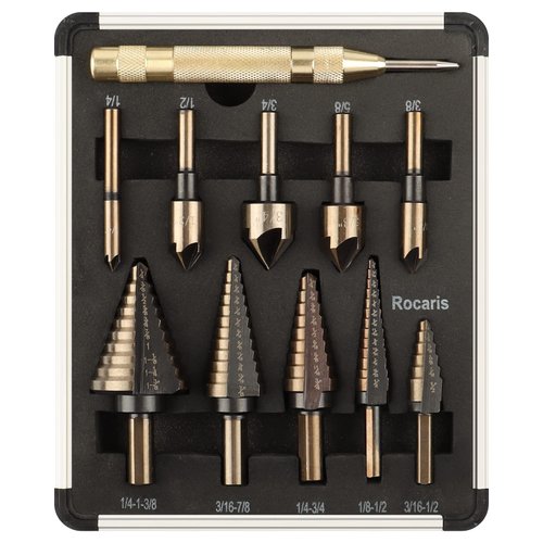 Rocaris 5 Pcs Step Drill Bit & 5 Pcs Countersink Drill Bit Set, Titanium Coated, 50 Sizes of Step Bit for Metal with Aluminum Case, Multiple Hole Stepped Up Bits for DIY