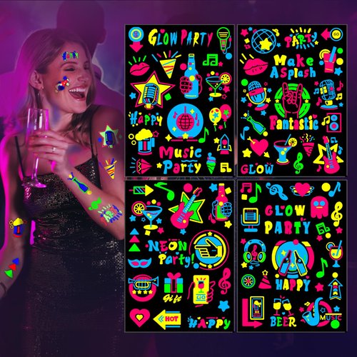 Glow In The Dark Neon Music Party Temporary Tattoos -70+ Styles Rock&Roll Disco Fantastic Fluorescence UV Waterproof Glow Tiny Tattoo Stickers for Women Men Adults’ Makeup-Rave Party Supplies