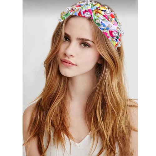 CEALXHENY Pearl Knotted Headbands for Women, Printed Flower Headbands Rhinestone Crystal Knotted Headbands Sparkly Jeweled Beads Embellished Top Knot Headband Summer Hair Accessories (Multicolor A)