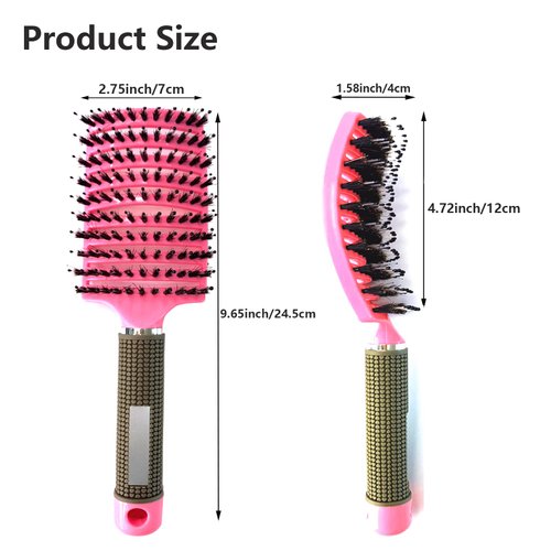 MOODKEY 2PCS Curved Vented Hair Brush Boar Bristle Hair Brushes Paddle Detangling Brush Professional Styling Hairbrushes Detangler for Women/Men/Kids Wet Dry Thick Curly Straight Hair (Pink+Purple)