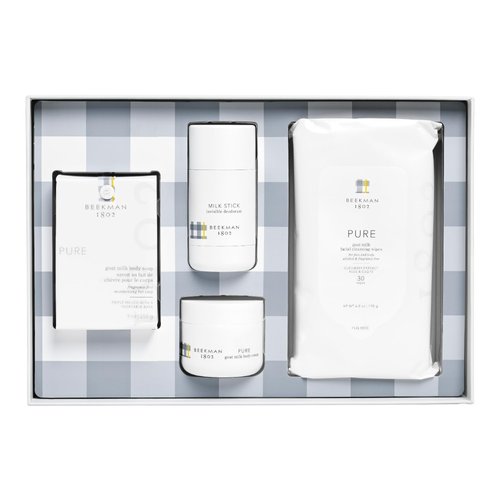 Beekman 1802 Pure Goat Milk 4-Piece Bodycare Gift Set - Includes Body Bar Soap (9 oz), Whipped Body Cream Mini (2 fl oz), Facial Cleansing Wipes (30 ct) & Milk Stick Natural Deodorant (2.5 oz)