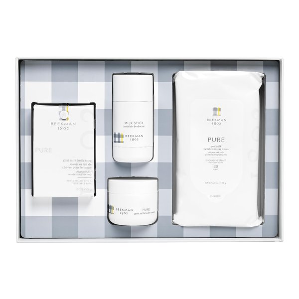 Beekman 1802 Pure Goat Milk 4-Piece Bodycare Gift Set - Includes Body Bar Soap (9 oz), Whipped Body Cream Mini (2 fl oz), Facial Cleansing Wipes (30 ct) & Milk Stick Natural Deodorant (2.5 oz)