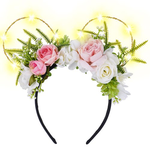 VISSTREE Pink LED Mouse Ears Headband Flower Crown Headwear Headdress for Theme Wedding Party, Mouse Ears Headwear for Women Girls Birthday Park Photo Shoot Prop