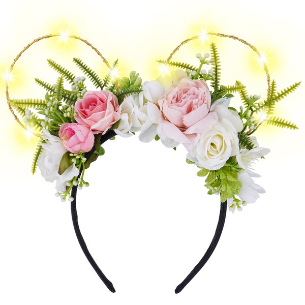 VISSTREE Pink LED Mouse Ears Headband Flower Crown Headwear Headdress for Theme Wedding Party, Mouse Ears Headwear for Women Girls Birthday Park Photo Shoot Prop