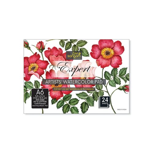 Zen Sangam A6 Artists' Expert Watercolor 300GSM 60% Cotton Cold Pressed Glued Sketch Paper Pad - 24 Sheets (48 Pages) - Watercolor Paper - Watercolour Book (Landscape A6)
