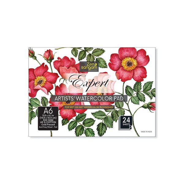 Zen Sangam A6 Artists' Expert Watercolor 300GSM 60% Cotton Cold Pressed Glued Sketch Paper Pad - 24 Sheets (48 Pages) - Watercolor Paper - Watercolour Book (Landscape A6)